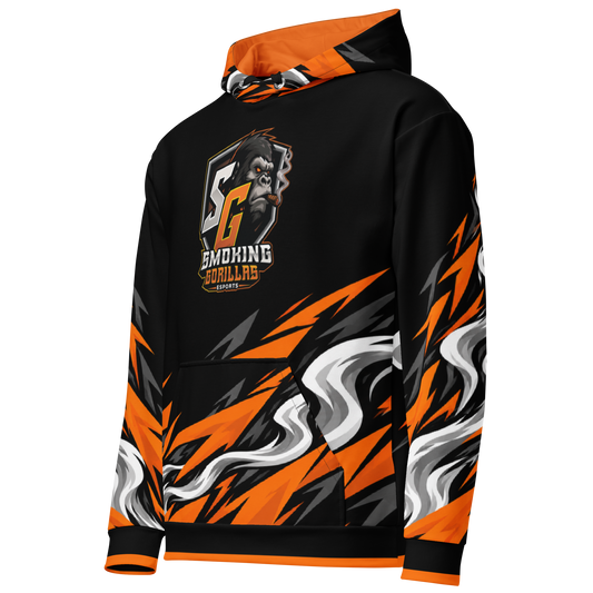 SMOKING GORILLAS - Crew Hoodie 2026 – Ansicht schräg von vorn im schwarz-orangen Teamdesign