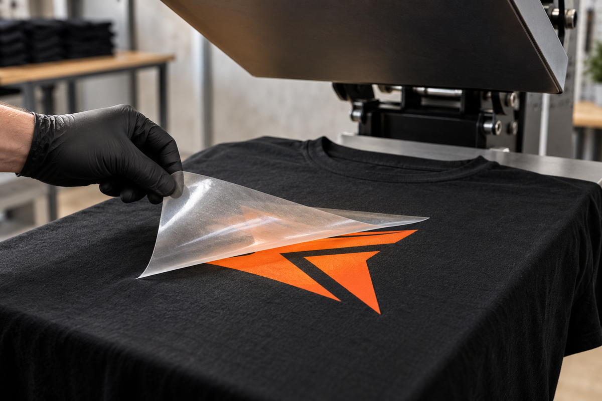 Illustrative image: a translucent DTF carrier film is peeled from a printed black T-shirt.