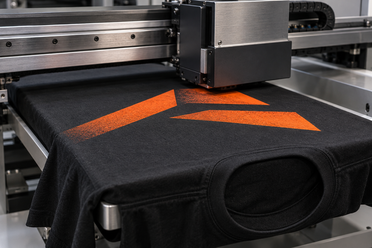 Illustrative image: a printhead applies an orange design directly to a black T-shirt.