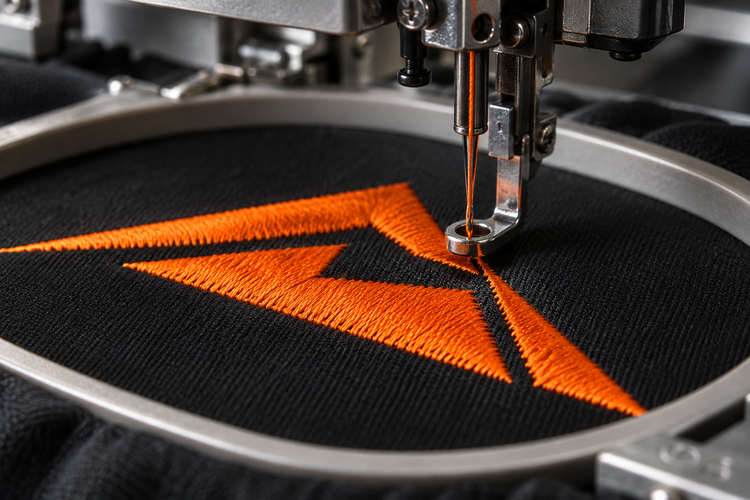 Illustrative image: an embroidery machine stitches an orange design onto black fabric held in a hoop.