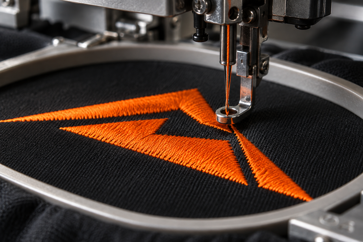 Illustrative image: an embroidery machine stitches an orange design onto black fabric held in a hoop.