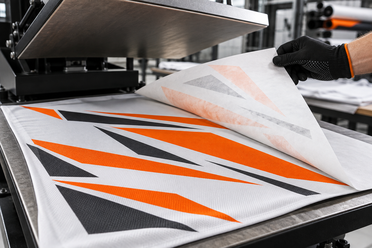 Illustrative image: transfer paper is lifted from printed polyester fabric after dye sublimation.