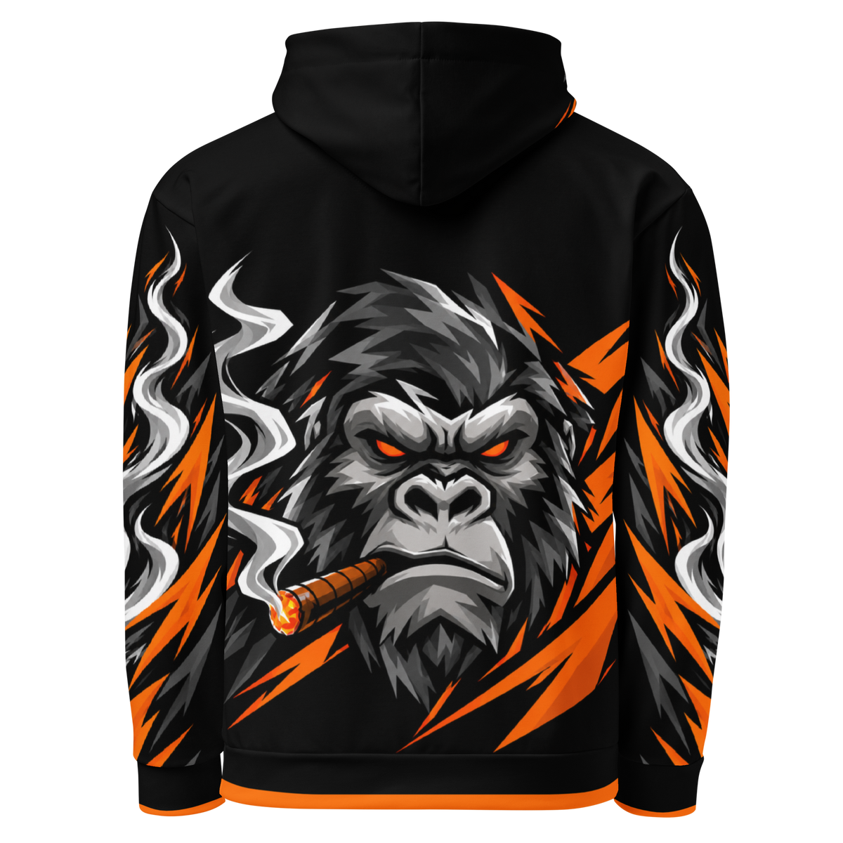 SMOKING GORILLAS - Crew Hoodie 2026 – Rückansicht im schwarz-orangen Teamdesign