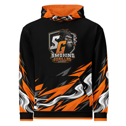 SMOKING GORILLAS - Crew Hoodie 2026 – Vorderansicht im schwarz-orangen Teamdesign