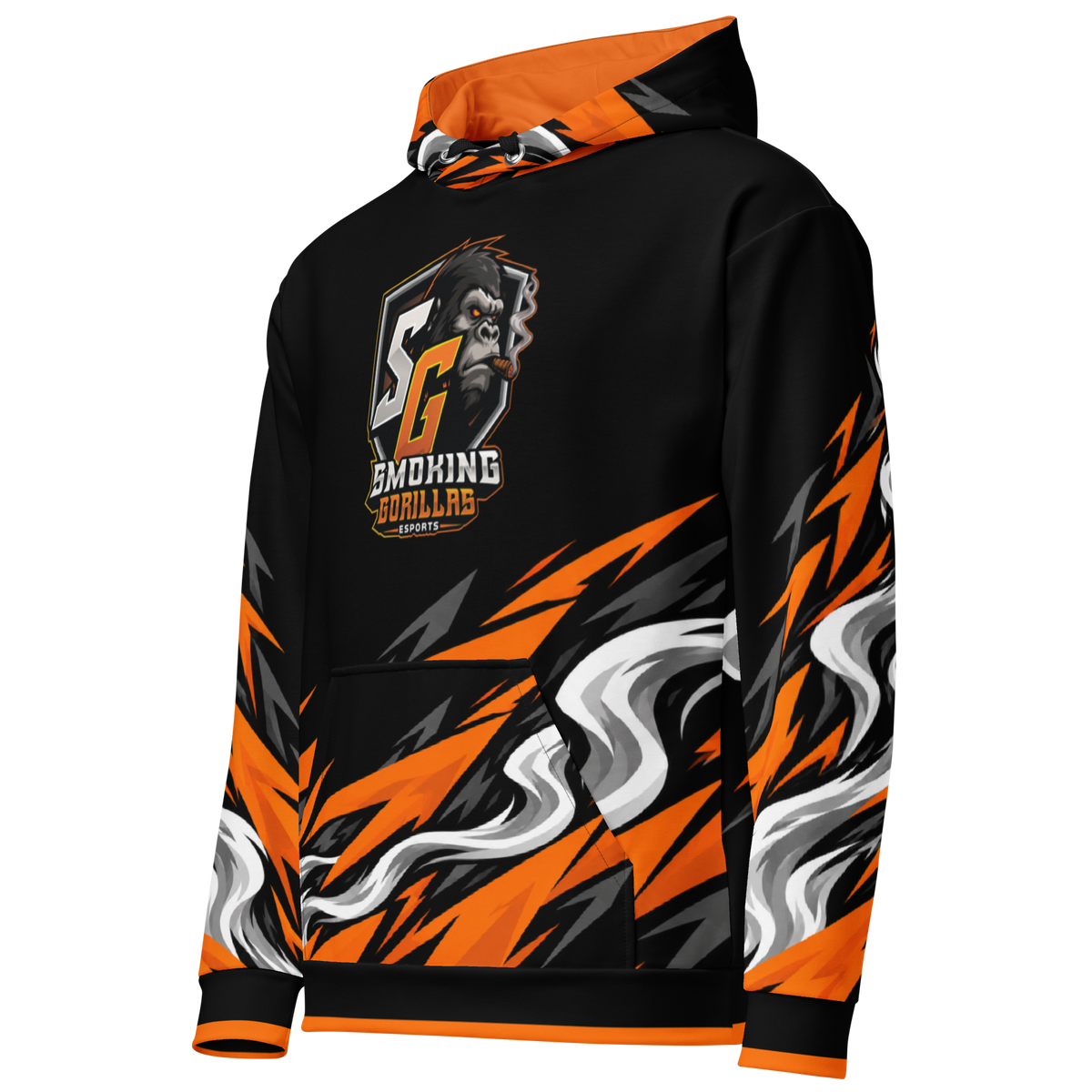 SMOKING GORILLAS - Crew Hoodie 2026 – Ansicht schräg von vorn im schwarz-orangen Teamdesign
