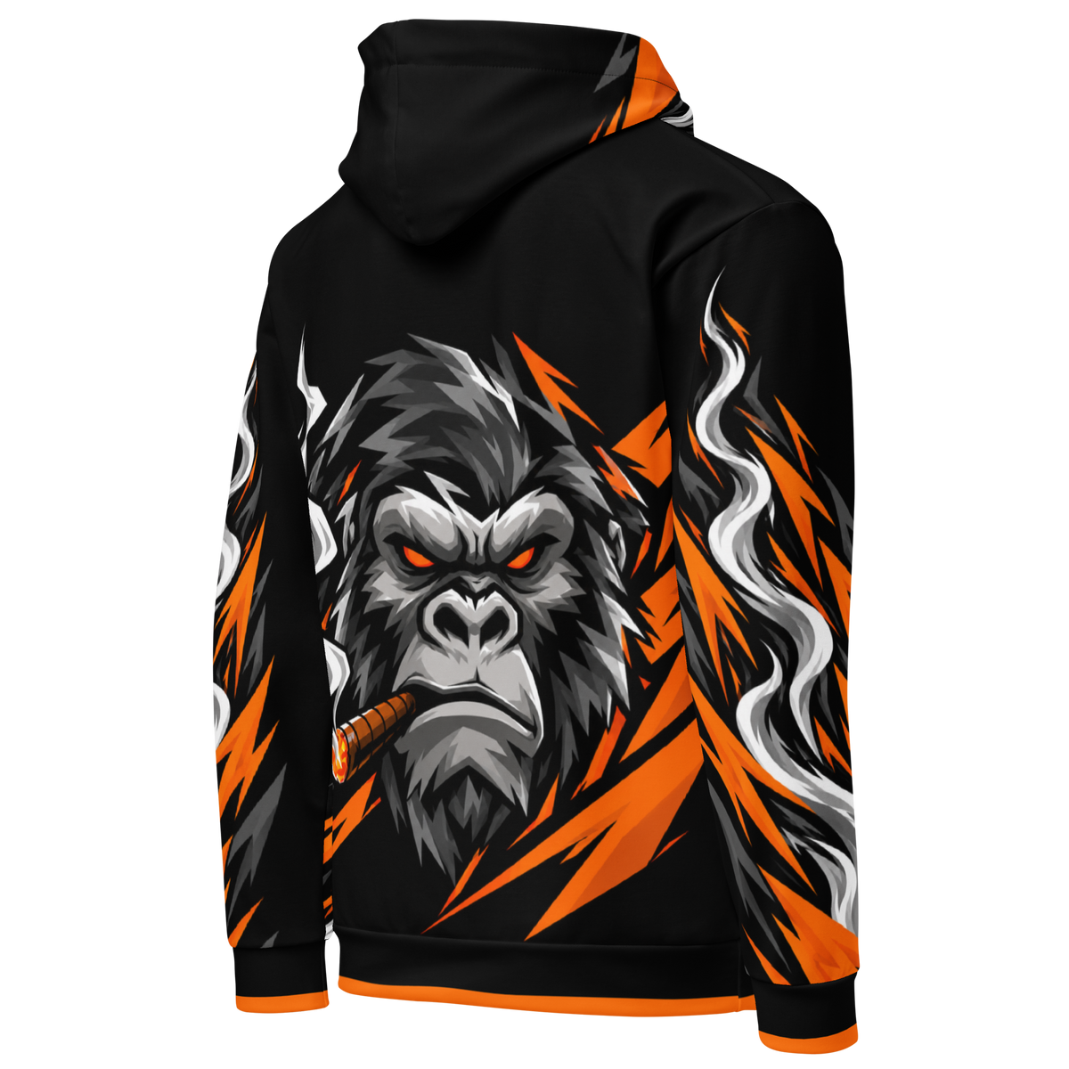 SMOKING GORILLAS - Crew Hoodie 2026 – Rückansicht im schwarz-orangen Teamdesign