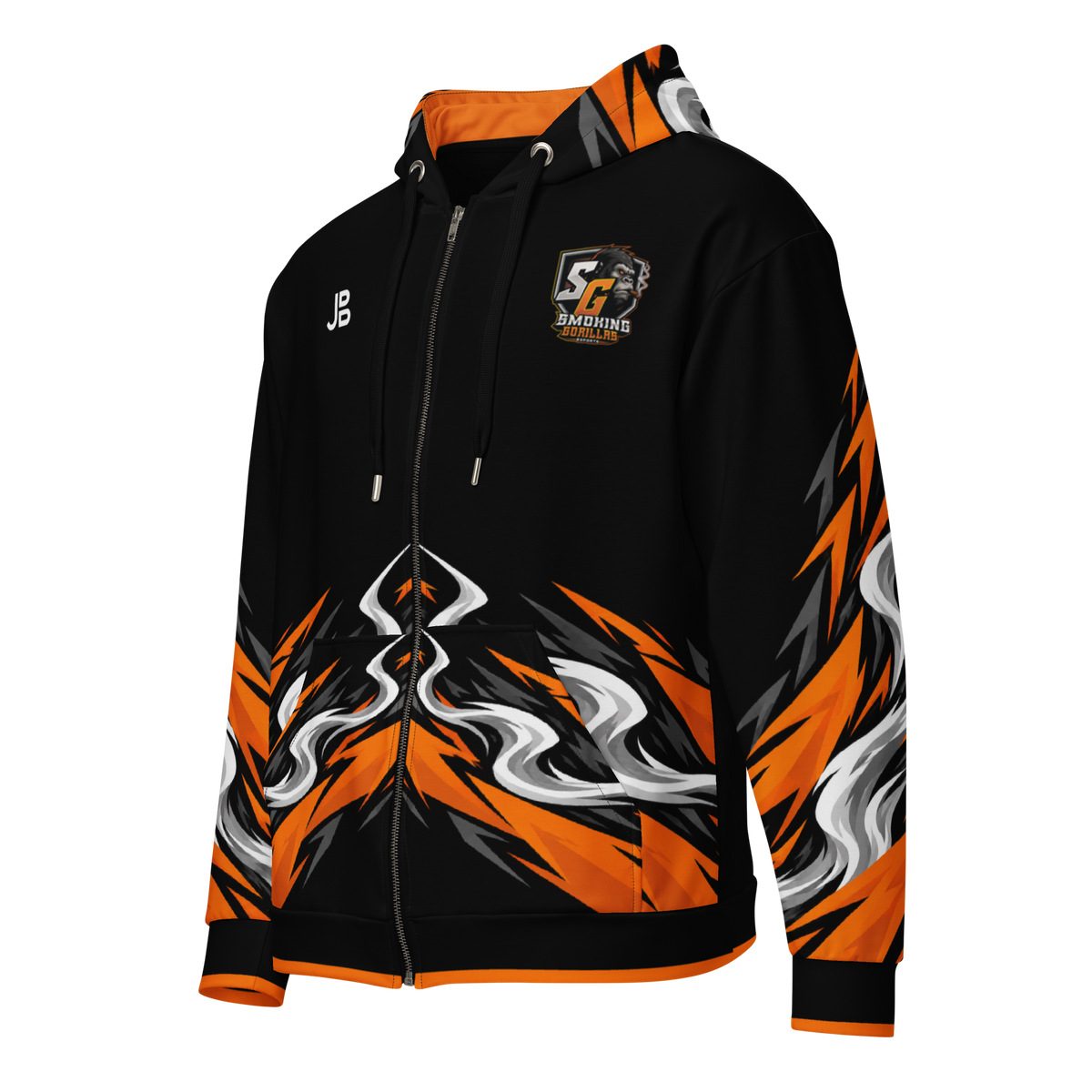 SMOKING GORILLAS - Crew Zipper 2026 – Ansicht schräg von vorn im schwarz-orangen Teamdesign
