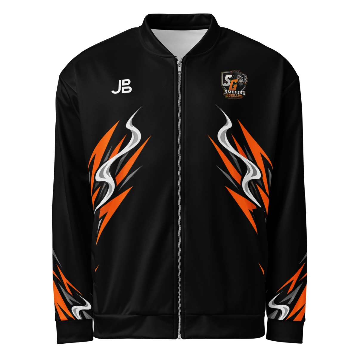 SMOKING GORILLAS - Crew Jacke 2026 – Vorderansicht im schwarz-orangen Teamdesign