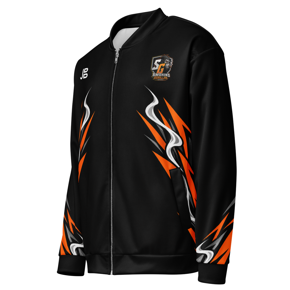 SMOKING GORILLAS - Crew Jacke 2026 – Ansicht schräg von vorn im schwarz-orangen Teamdesign