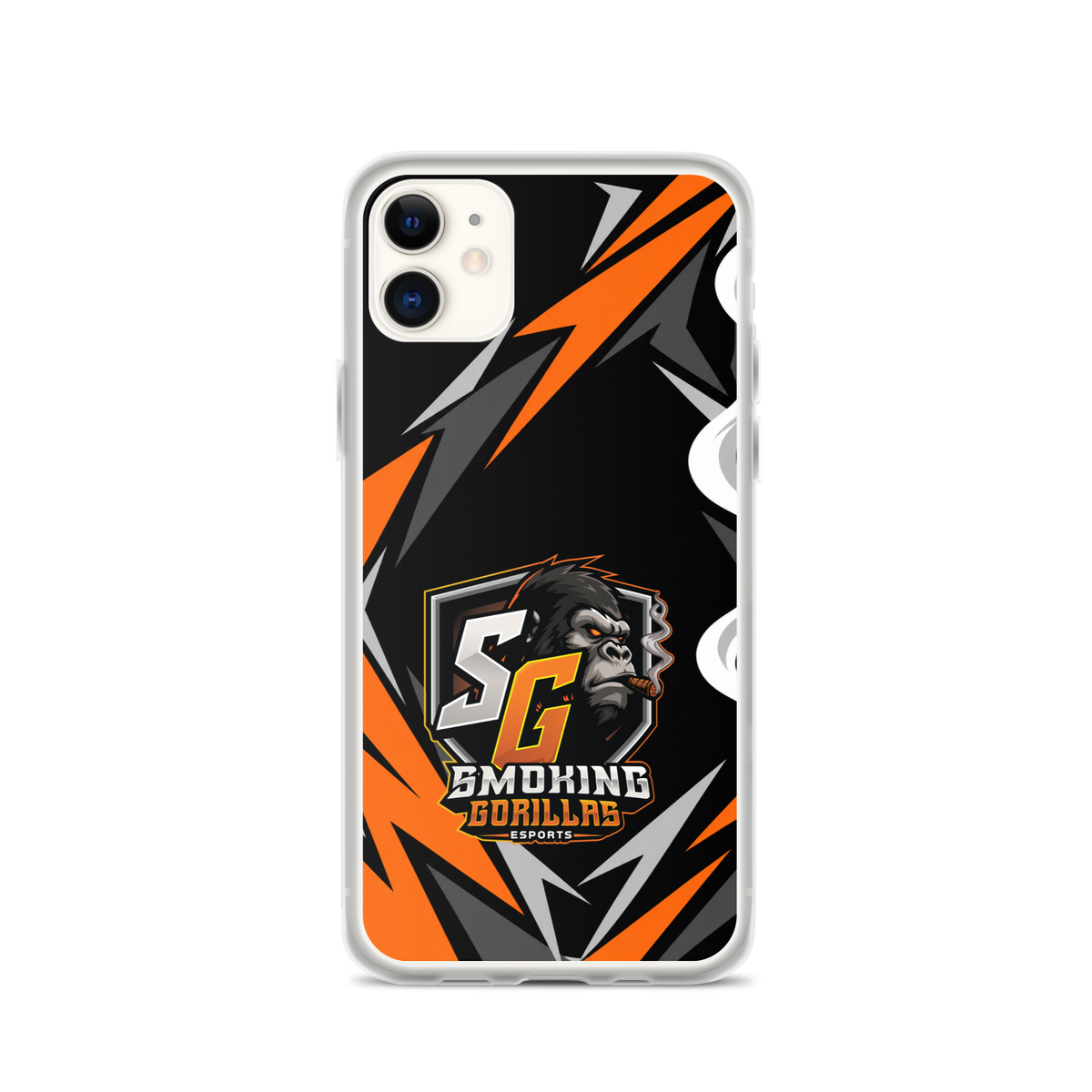 SMOKING GORILLAS Clearcase Handyhülle für iPhone 11 – am Smartphone, schwarz-oranges Teamdesign