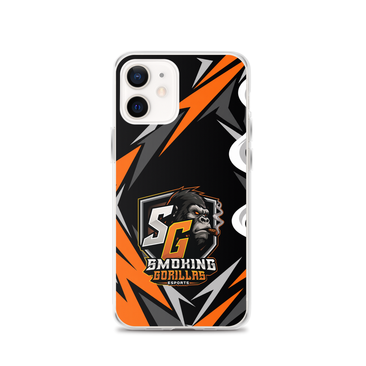 SMOKING GORILLAS Clearcase Handyhülle für iPhone 12 – am Smartphone, schwarz-oranges Teamdesign