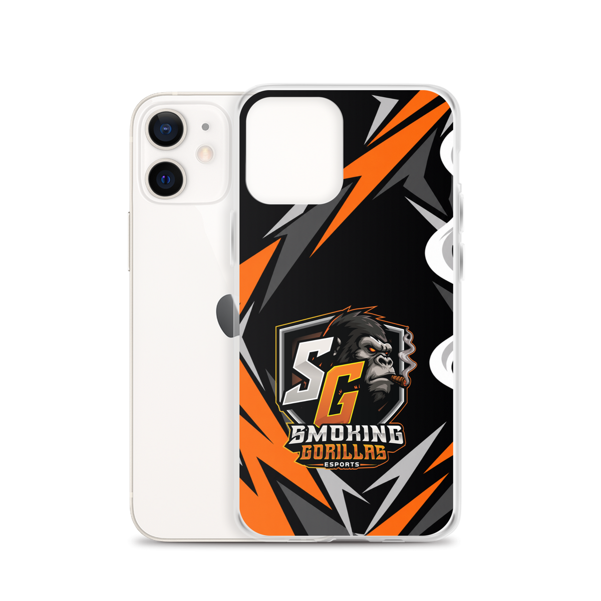 SMOKING GORILLAS Clearcase Handyhülle für iPhone 12 – Produktansicht, schwarz-oranges Teamdesign