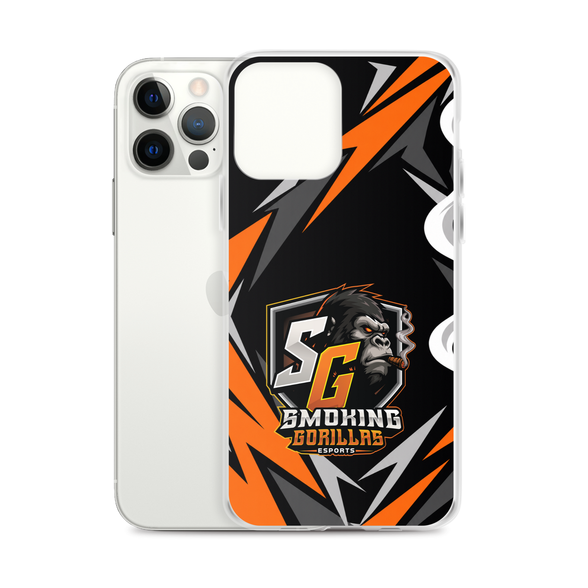 SMOKING GORILLAS Clearcase Handyhülle für iPhone 12 Pro Max – Produktansicht, schwarz-oranges Teamdesign