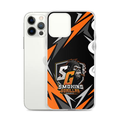 SMOKING GORILLAS Clearcase Handyhülle für iPhone 12 Pro Max – Produktansicht, schwarz-oranges Teamdesign