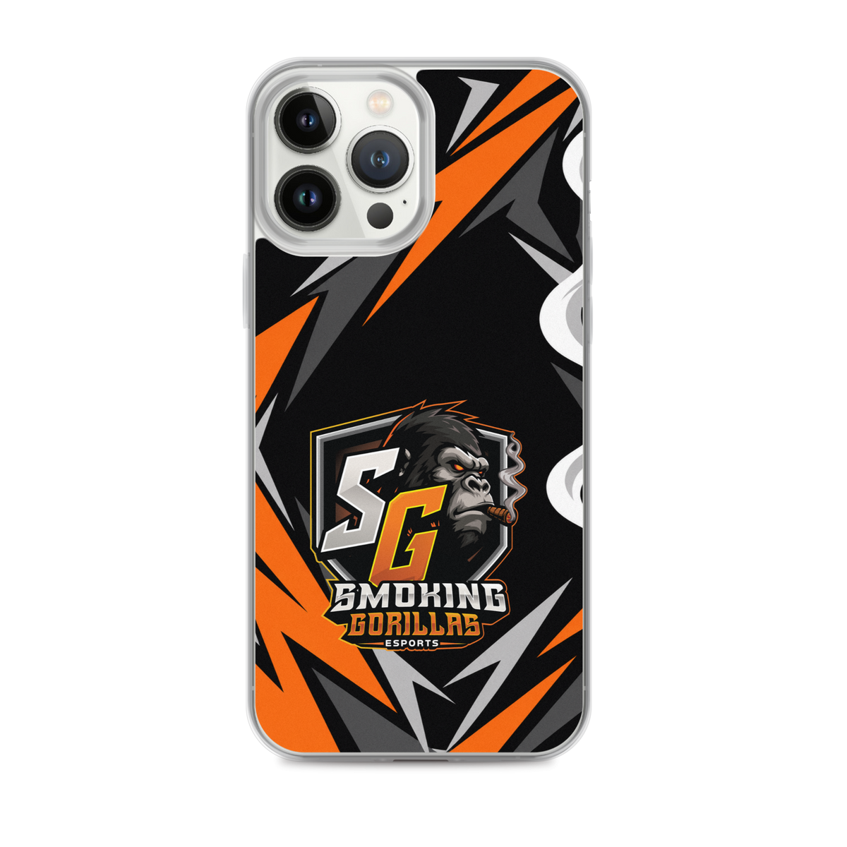 SMOKING GORILLAS Clearcase Handyhülle für iPhone 13 Pro Max – am Smartphone, schwarz-oranges Teamdesign