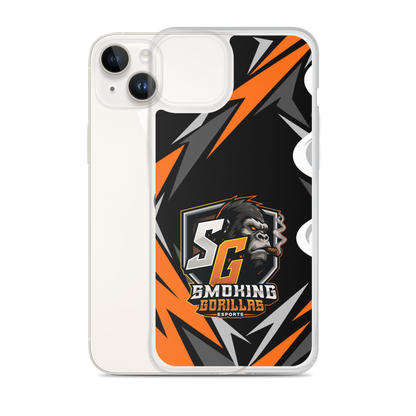 SMOKING GORILLAS Clearcase Handyhülle für iPhone 14 Plus – Produktansicht, schwarz-oranges Teamdesign