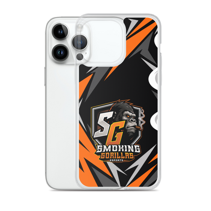 SMOKING GORILLAS Clearcase Handyhülle für iPhone 14 Pro Max – Produktansicht, schwarz-oranges Teamdesign
