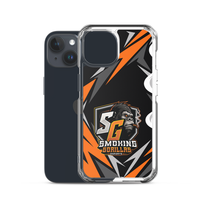 SMOKING GORILLAS Clearcase Handyhülle für iPhone 15 – Produktansicht, schwarz-oranges Teamdesign