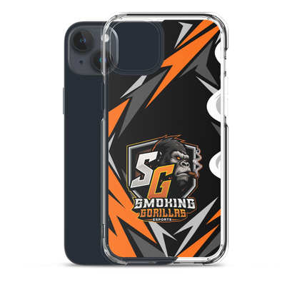 SMOKING GORILLAS Clearcase Handyhülle für iPhone 15 Plus – Produktansicht, schwarz-oranges Teamdesign
