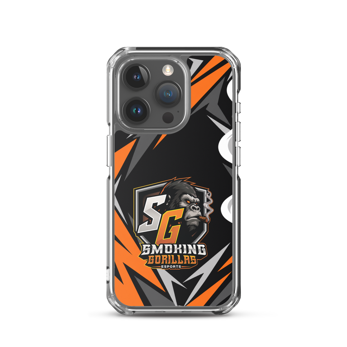 SMOKING GORILLAS Clearcase Handyhülle für iPhone 15 Pro – am Smartphone, schwarz-oranges Teamdesign