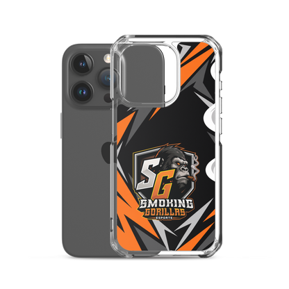 SMOKING GORILLAS Clearcase Handyhülle für iPhone 15 Pro – Produktansicht, schwarz-oranges Teamdesign