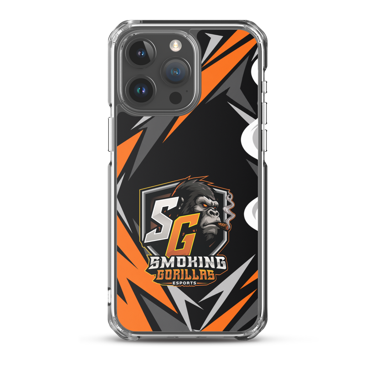 SMOKING GORILLAS Clearcase Handyhülle für iPhone 15 Pro Max – am Smartphone, schwarz-oranges Teamdesign