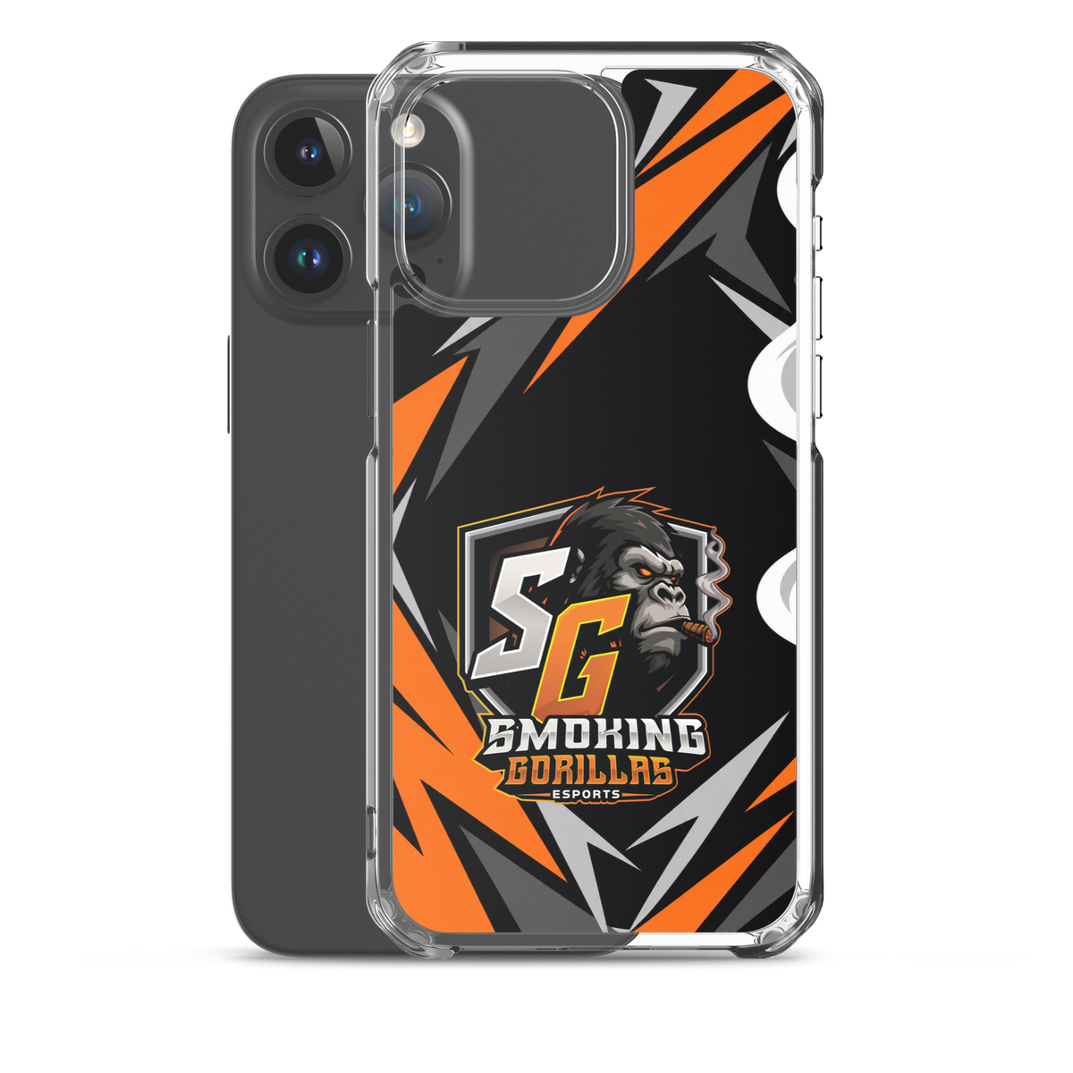 SMOKING GORILLAS Clearcase Handyhülle für iPhone 15 Pro Max – Produktansicht, schwarz-oranges Teamdesign