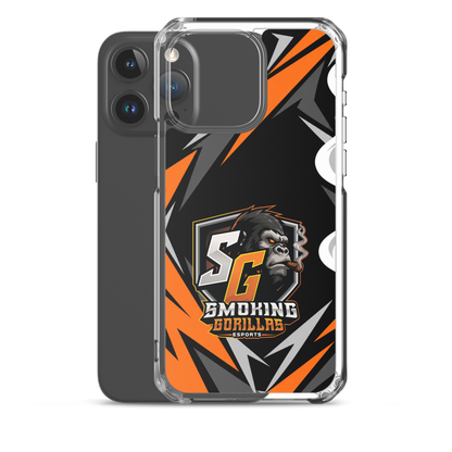 SMOKING GORILLAS Clearcase Handyhülle für iPhone 15 Pro Max – Produktansicht, schwarz-oranges Teamdesign