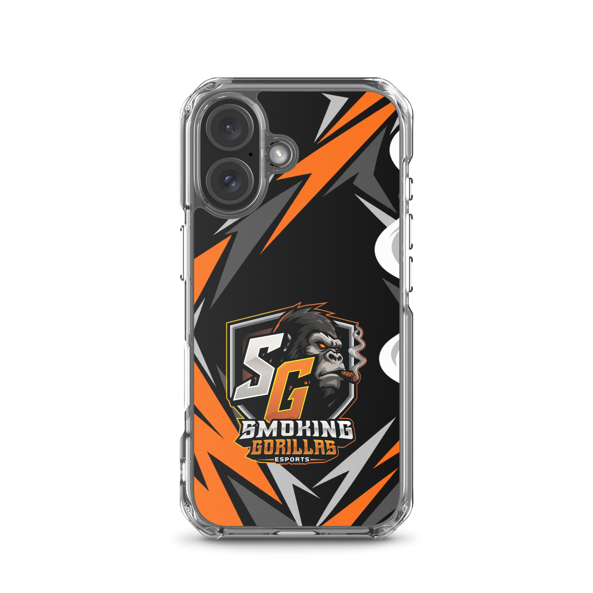 SMOKING GORILLAS Clearcase Handyhülle für iPhone 16 – am Smartphone, schwarz-oranges Teamdesign