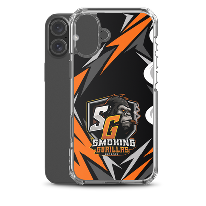SMOKING GORILLAS Clearcase Handyhülle für iPhone 16 Plus – Produktansicht, schwarz-oranges Teamdesign
