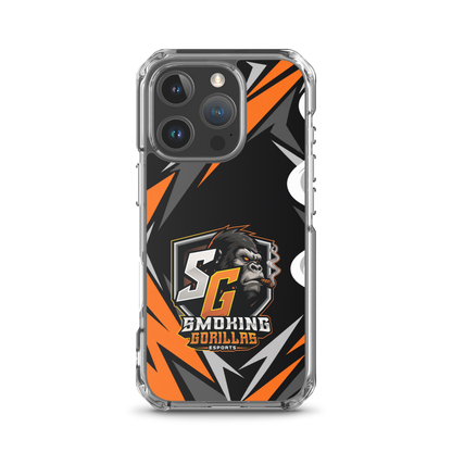 SMOKING GORILLAS Clearcase Handyhülle für iPhone 16 Pro – am Smartphone, schwarz-oranges Teamdesign