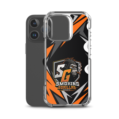SMOKING GORILLAS Clearcase Handyhülle für iPhone 16 Pro – Produktansicht, schwarz-oranges Teamdesign