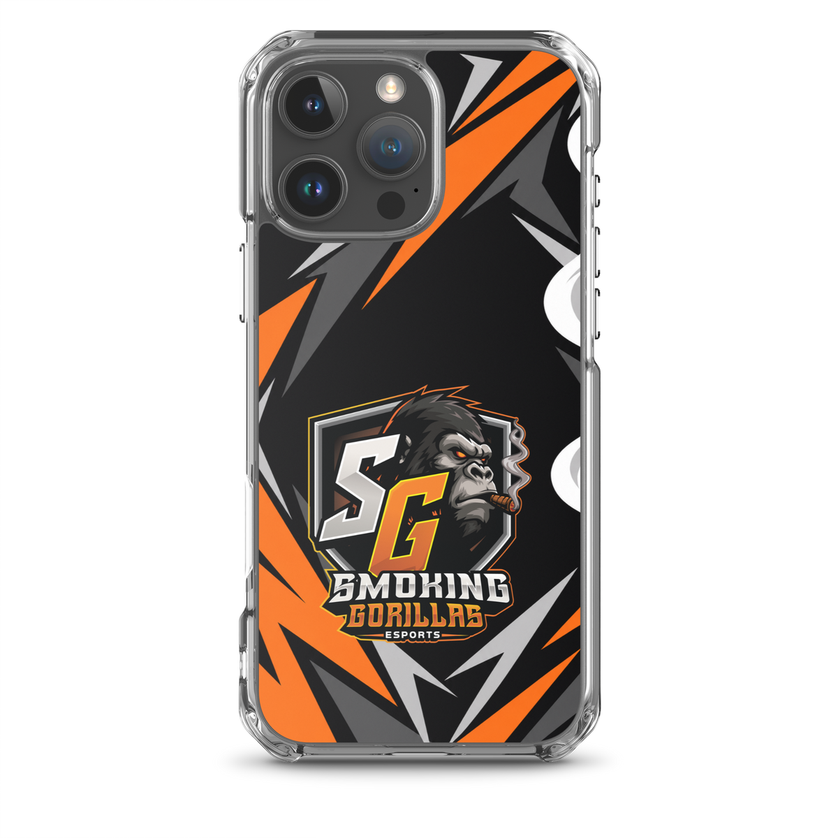 SMOKING GORILLAS Clearcase Handyhülle für iPhone 16 Pro Max – am Smartphone, schwarz-oranges Teamdesign