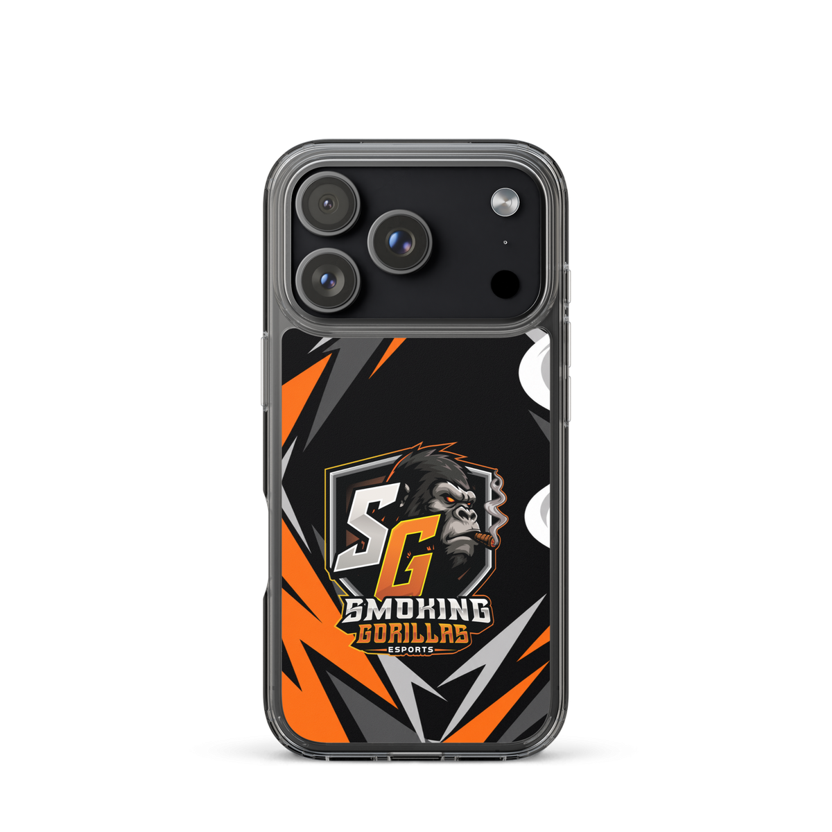SMOKING GORILLAS Clearcase Handyhülle für iPhone 17 Pro – am Smartphone, schwarz-oranges Teamdesign