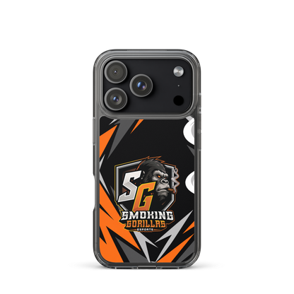 SMOKING GORILLAS Clearcase Handyhülle für iPhone 17 Pro – am Smartphone, schwarz-oranges Teamdesign
