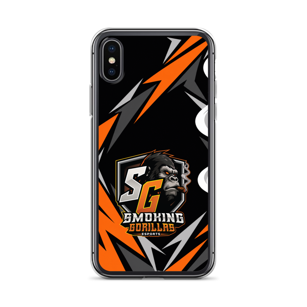 SMOKING GORILLAS Clearcase Handyhülle für iPhone X/XS – am Smartphone, schwarz-oranges Teamdesign