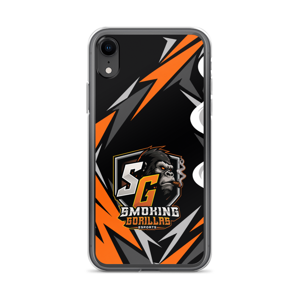 SMOKING GORILLAS Clearcase Handyhülle für iPhone XR – am Smartphone, schwarz-oranges Teamdesign