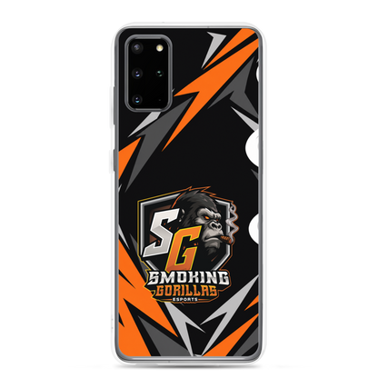 SMOKING GORILLAS Clearcase Handyhülle für Samsung Galaxy S20 Plus – am Smartphone, schwarz-oranges Teamdesign