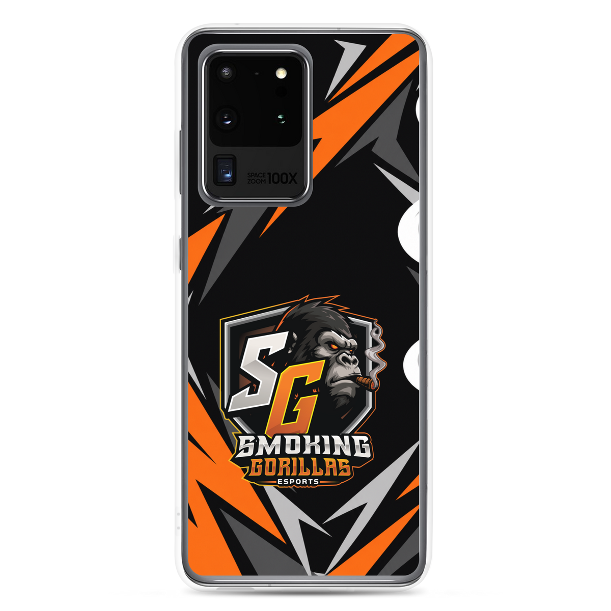 SMOKING GORILLAS Clearcase Handyhülle für Samsung Galaxy S20 Ultra – am Smartphone, schwarz-oranges Teamdesign