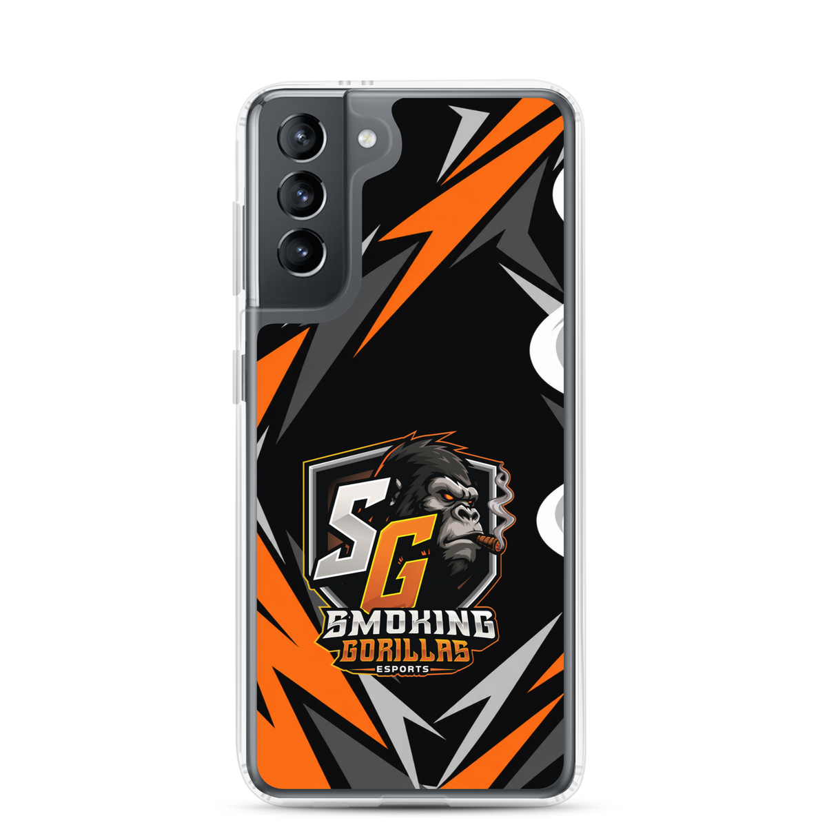 SMOKING GORILLAS Clearcase Handyhülle für Samsung Galaxy S21 – am Smartphone, schwarz-oranges Teamdesign