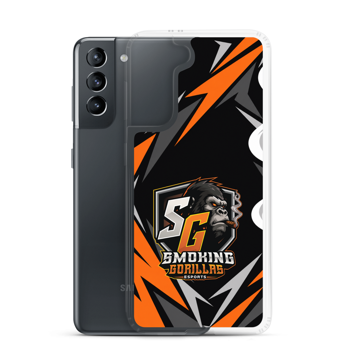 SMOKING GORILLAS Clearcase Handyhülle für Samsung Galaxy S21 – Produktansicht, schwarz-oranges Teamdesign