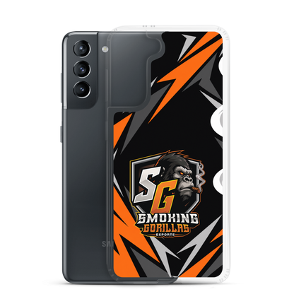 SMOKING GORILLAS Clearcase Handyhülle für Samsung Galaxy S21 – Produktansicht, schwarz-oranges Teamdesign