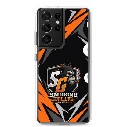 SMOKING GORILLAS Clearcase Handyhülle für Samsung Galaxy S21 Ultra – am Smartphone, schwarz-oranges Teamdesign