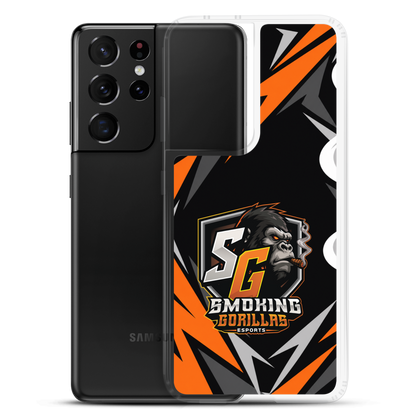 SMOKING GORILLAS Clearcase Handyhülle für Samsung Galaxy S21 Ultra – Produktansicht, schwarz-oranges Teamdesign