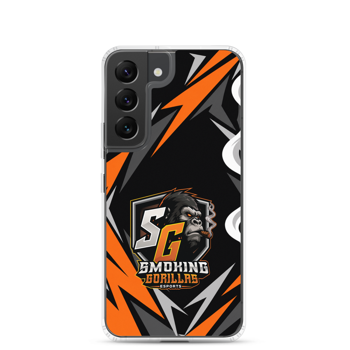 SMOKING GORILLAS Clearcase Handyhülle für Samsung Galaxy S22 – am Smartphone, schwarz-oranges Teamdesign