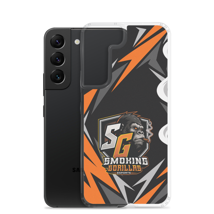 SMOKING GORILLAS Clearcase Handyhülle für Samsung Galaxy S22 – Produktansicht, schwarz-oranges Teamdesign