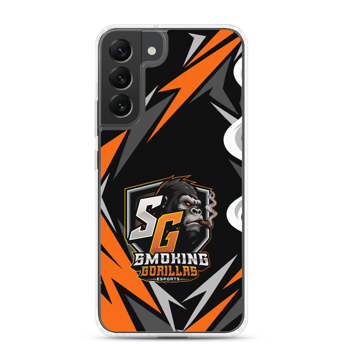 SMOKING GORILLAS Clearcase Handyhülle für Samsung Galaxy S22 Plus – am Smartphone, schwarz-oranges Teamdesign