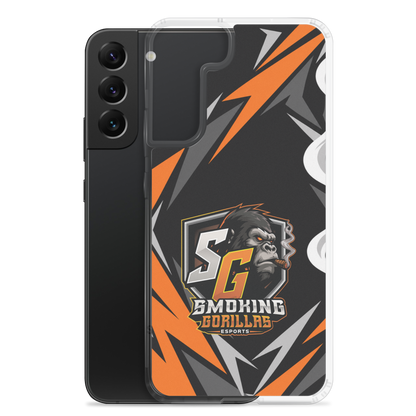 SMOKING GORILLAS Clearcase Handyhülle für Samsung Galaxy S22 Plus – Produktansicht, schwarz-oranges Teamdesign