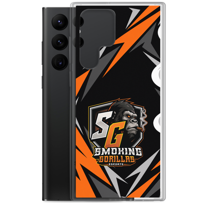 SMOKING GORILLAS Clearcase Handyhülle für Samsung Galaxy S22 Ultra – Produktansicht, schwarz-oranges Teamdesign