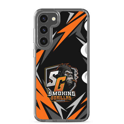 SMOKING GORILLAS Clearcase Handyhülle für Samsung Galaxy S23 Plus – am Smartphone, schwarz-oranges Teamdesign